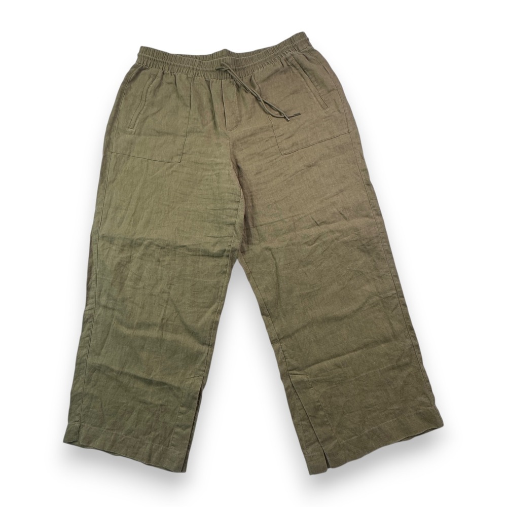 Athleta Cabo Linen Wide Leg Pants Olive Green 1X 851038 Drawstring Casual